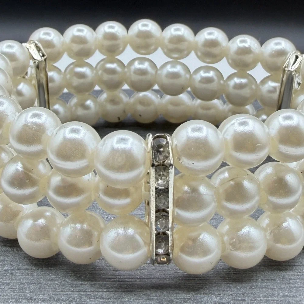 Three Strand Faux Pearl Rhinestone Stretch Bracelet Cuff Cream Statement Jewelry